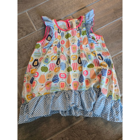 Matilda Jane Girls Quiz Me Adventure Fruit Print Ruffle Top Blue Gingham Suze 8 - Picture 1 of 5